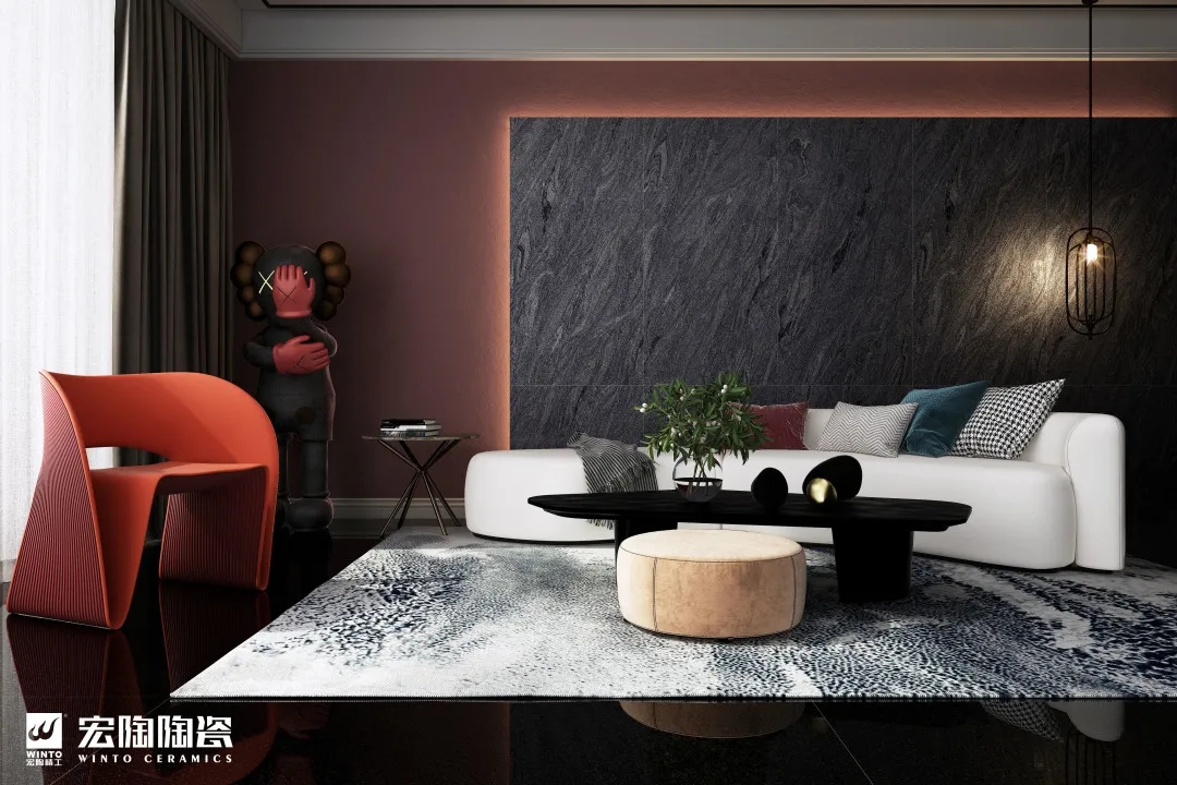 hjc888黄金城岩板会客厅装修效果图